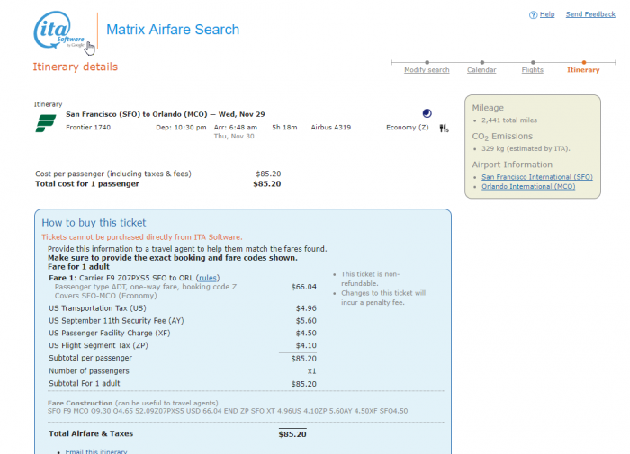 An Airfare On ITA Software Matrix San Francisco Orlando $85.20